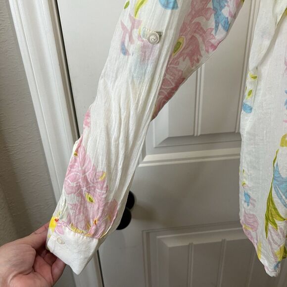 Magazine Floral Sheer Boho Embroidered V Neck Blouse Top Size L Roll Tab Sleeve - Picture 4 of 11